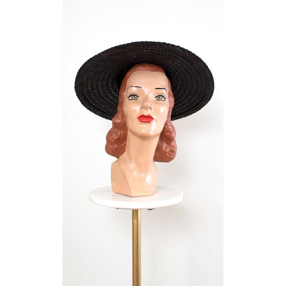 Vintage 1970s does 1950s Black Straw Wide Brim Summer Sun Hat (3 Available) main image 9